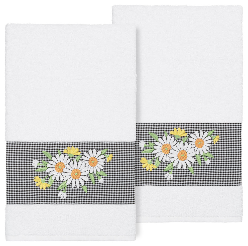 Linum Home Turkish Cotton Daisy 2-Piece Embellished Bath Towel Set, White