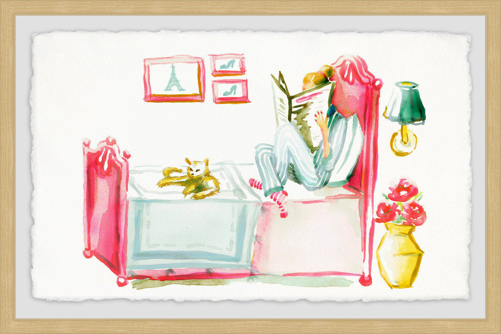 "Reading with the Cat" Framed Painting Print, 18"x12"