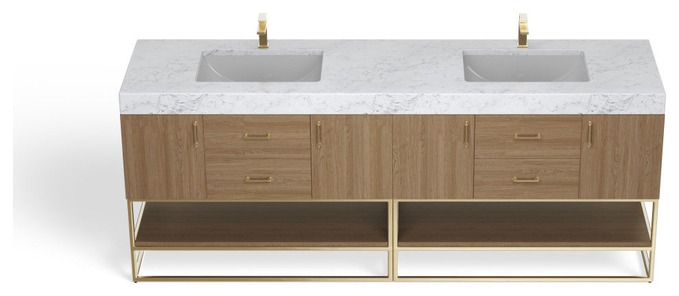 Bahia Bath Vanity, Oak, 84", Brushed Gold Hardware, Double, Freestanding