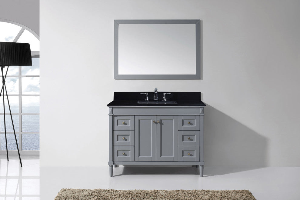 Virtu Tiffany 48" Single Bathroom Vanity, Gray, Black Granite Top, Mirror