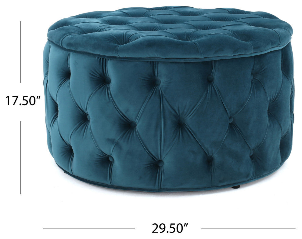 GDF Studio Maelyn Modern Glam Tufted Velvet Round Ottoman, Teal