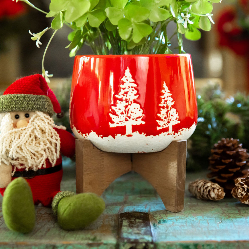 6 Inch Ceramic Xmas Planter On Wood Stand, Red