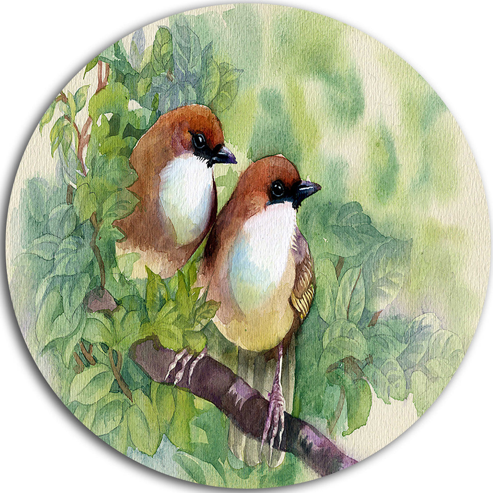 Birds Of Spring, Modern Animal Painting Disc Metal Artwork, 23"