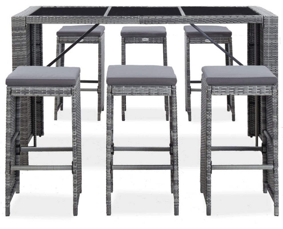 vidaXL 7-Piece Garden Bar Set With Cushions Poly Rattan Gray