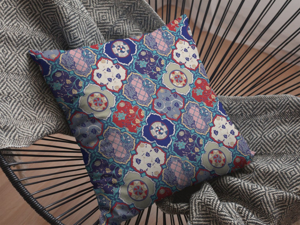18 Turquoise Cream Trellis Suede Throw Pillow