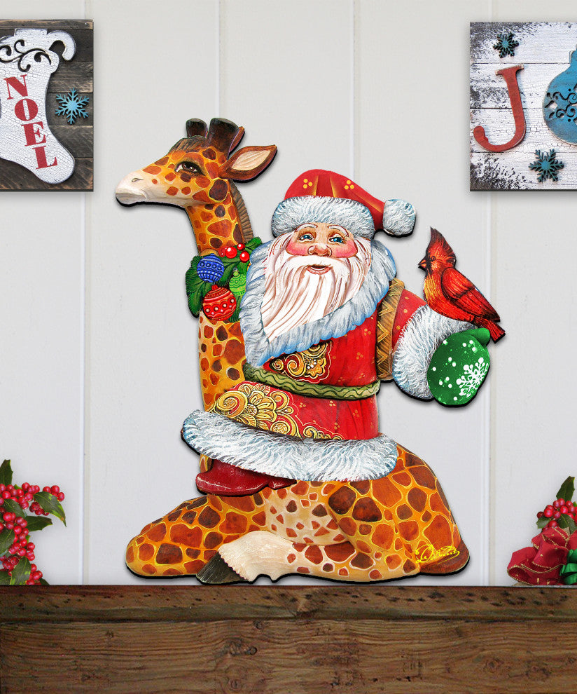 Santa On Giraffe Wooden Holiday Decorative Door Hanger