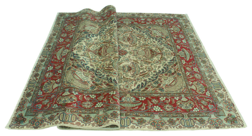 Fine Vintage Distressed Claiborn Beige/Burgundy Rug, 6'6x9'7