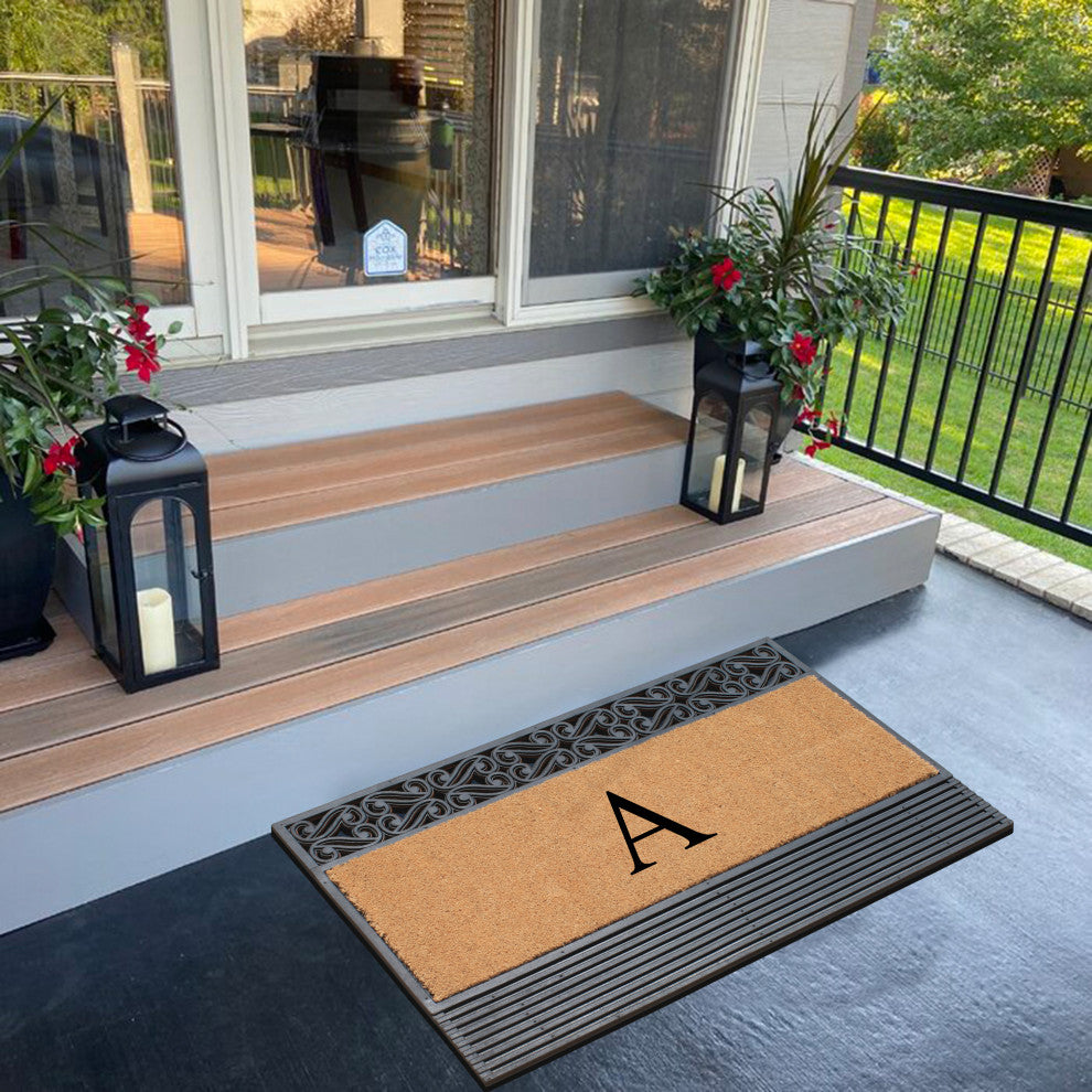 Rosewood Black/Beige 24"x36" Rubber And Coir Monogrammed Doormat, A