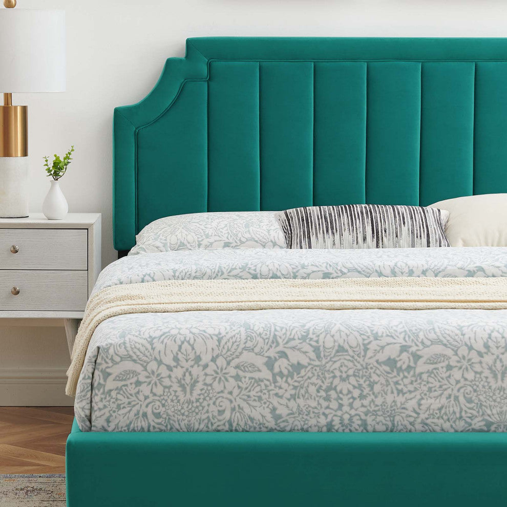 Platform Bed Frame, King Size, Velvet, Teal Blue, Modern Contemporary, Bedroom