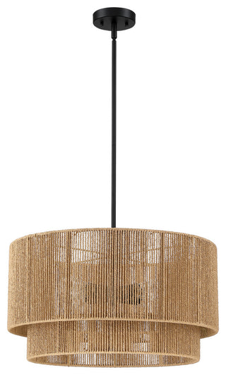 22"W 4-Light Rattan Tiered Drum Chandelier Light with Black Canopy, Natural