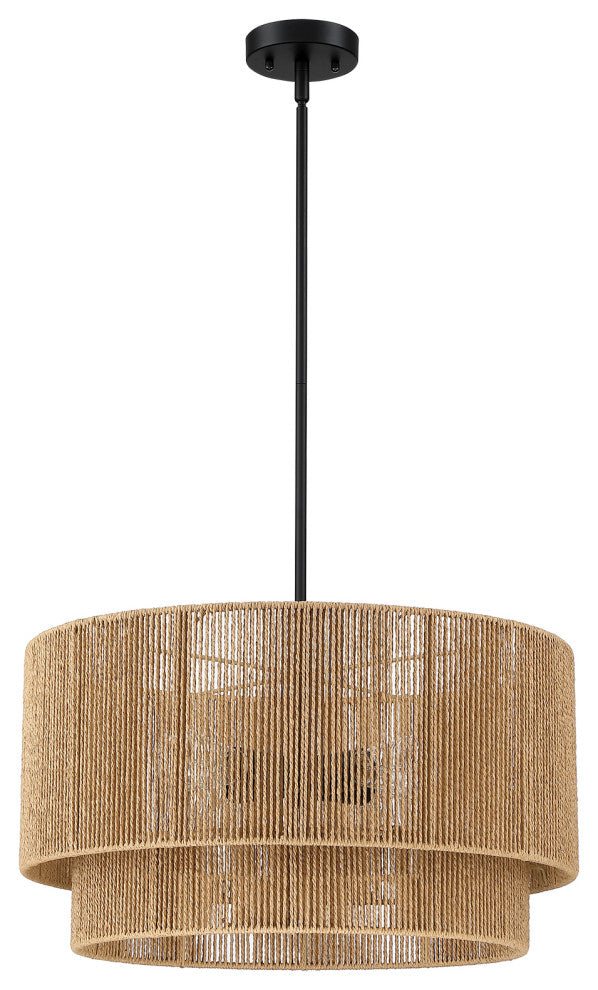 22"W 4-Light Rattan Tiered Drum Chandelier Light with Black Canopy, Natural