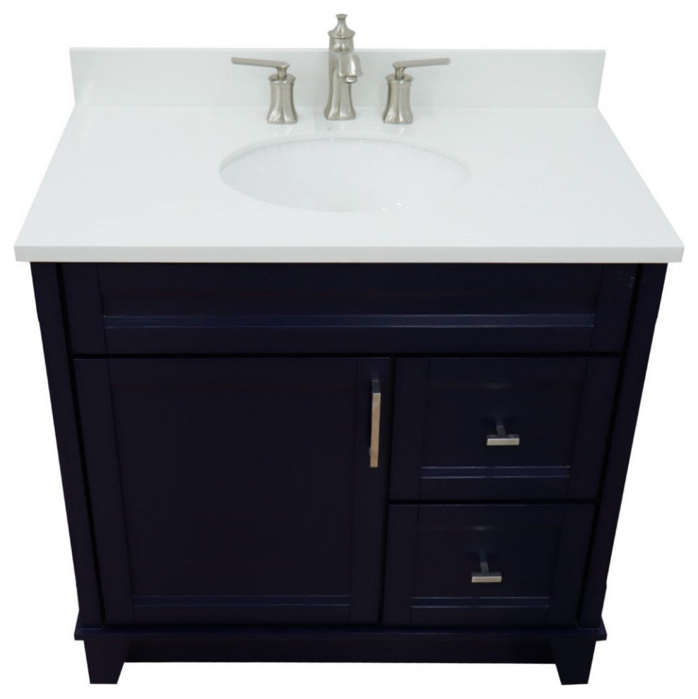 37" Single Sink Vanity, Blue Finish With White Engineered Stone Top