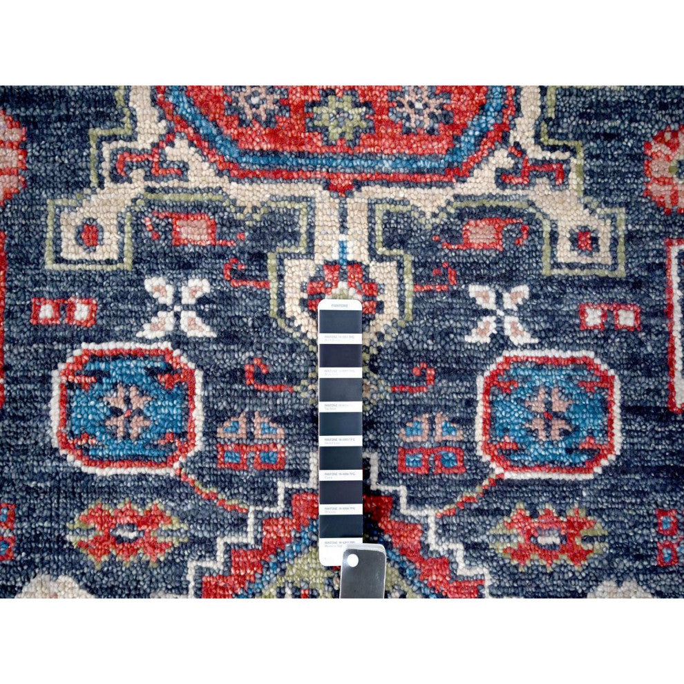 Charcoal Black Geometric Design Pure Wool Hand Knotted Oversized Rug 12'x14'10"