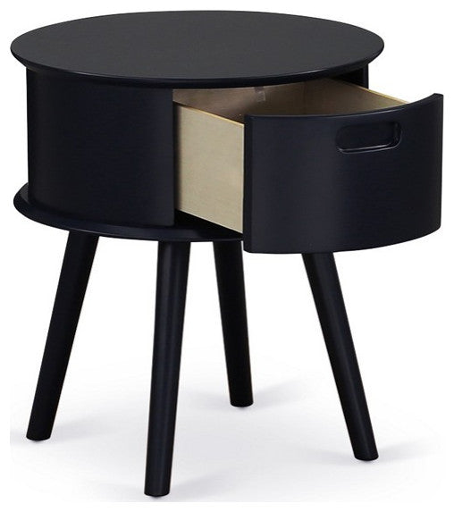 Gordon Round Night Stand End Table With Drawer, Black Finish