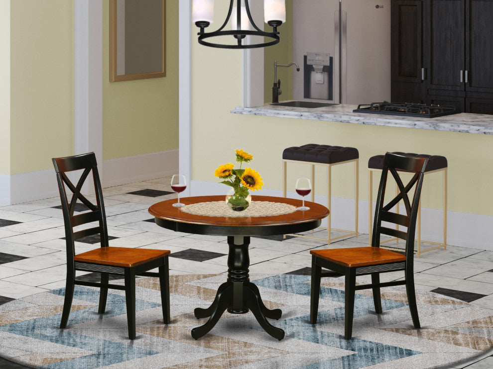 3 Pc Set, Round Dinette Table And 2 Leather Kitchen Chairs In Black And Cherry