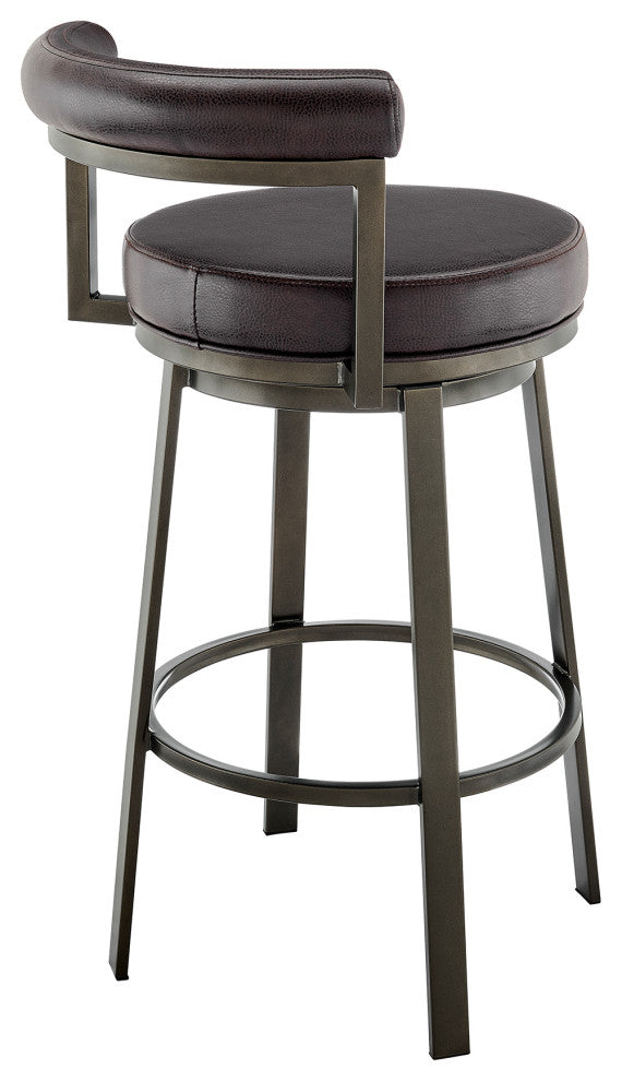 Neura Swivel Stool in Mocha Finish With Brown Faux Leather, 30"