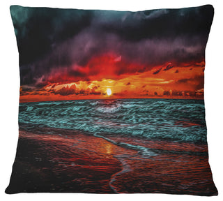 Red Sunset Over Blue Waters Seascape Throw Pillow, 18"x18"