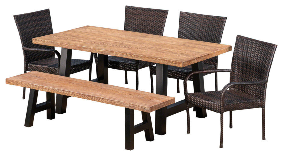 GDF Studio 6-Piece Allison Outdoor Wicker Dining Set With Table and Bench