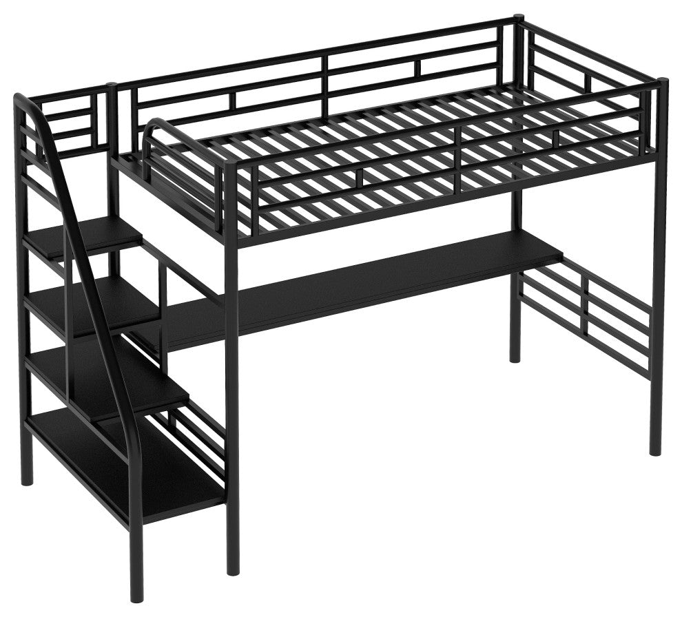 Gewnee Metal Loft Bed Frame with Desk, No Box Spring Needed,Twin,In Black