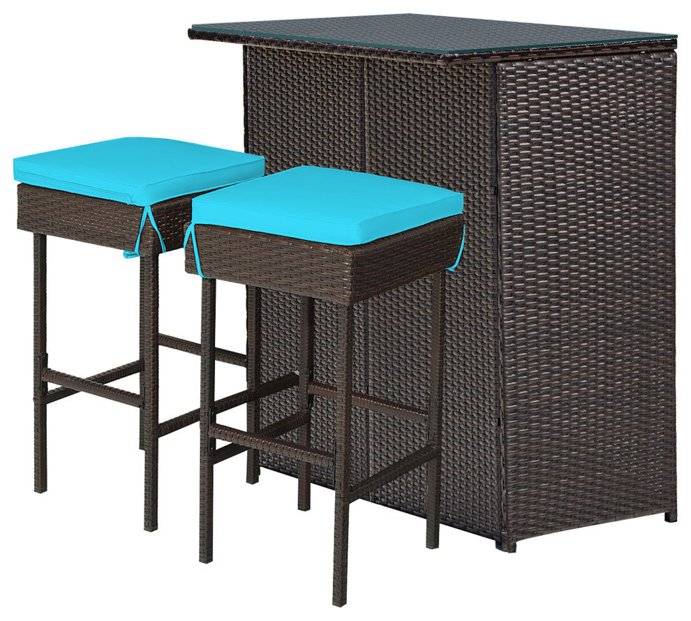 Costway 3PCS Patio Rattan Bar Table Dining Set Cushioned Turquoise