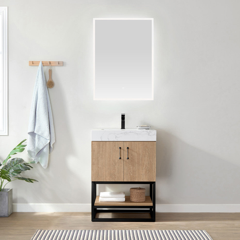 Alistair Vanity, North American Oak, Matte Black Hardware, 24", With Mirror
