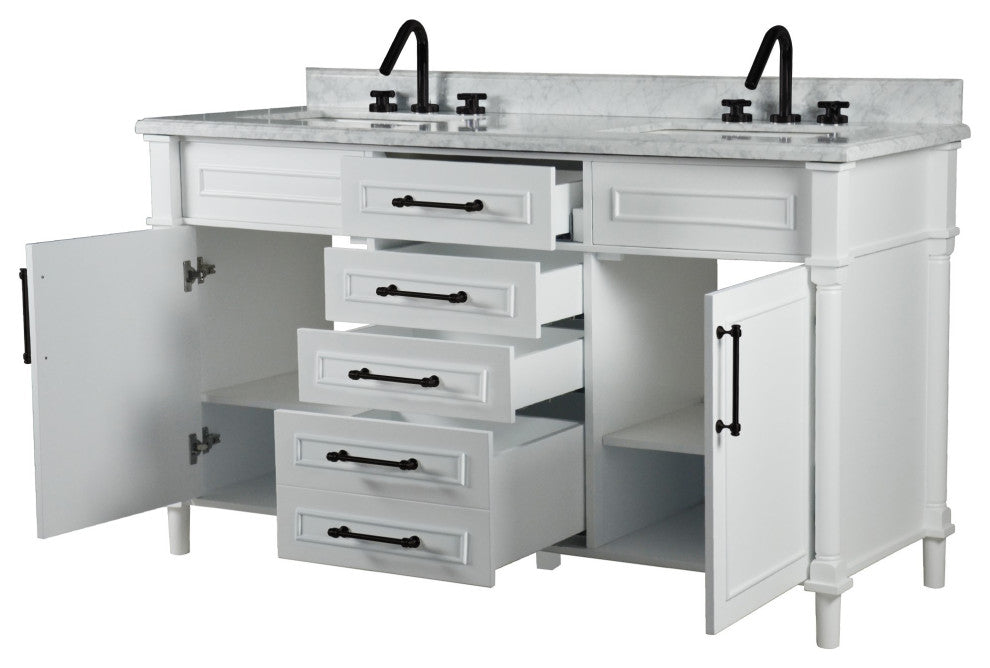 60" Double Vanity, White With White Carrara Marble Top