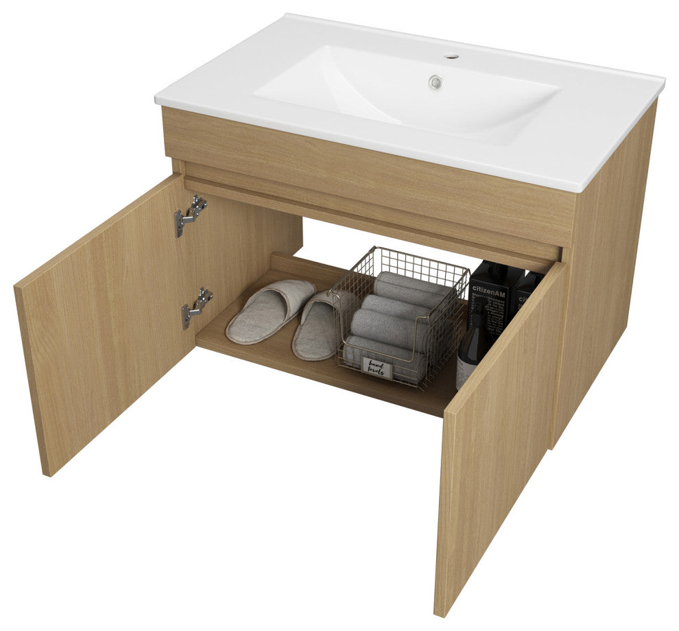 Wall Mounted Bath Vanity, Light Oak, Integrated Ceramic Sink, 24"