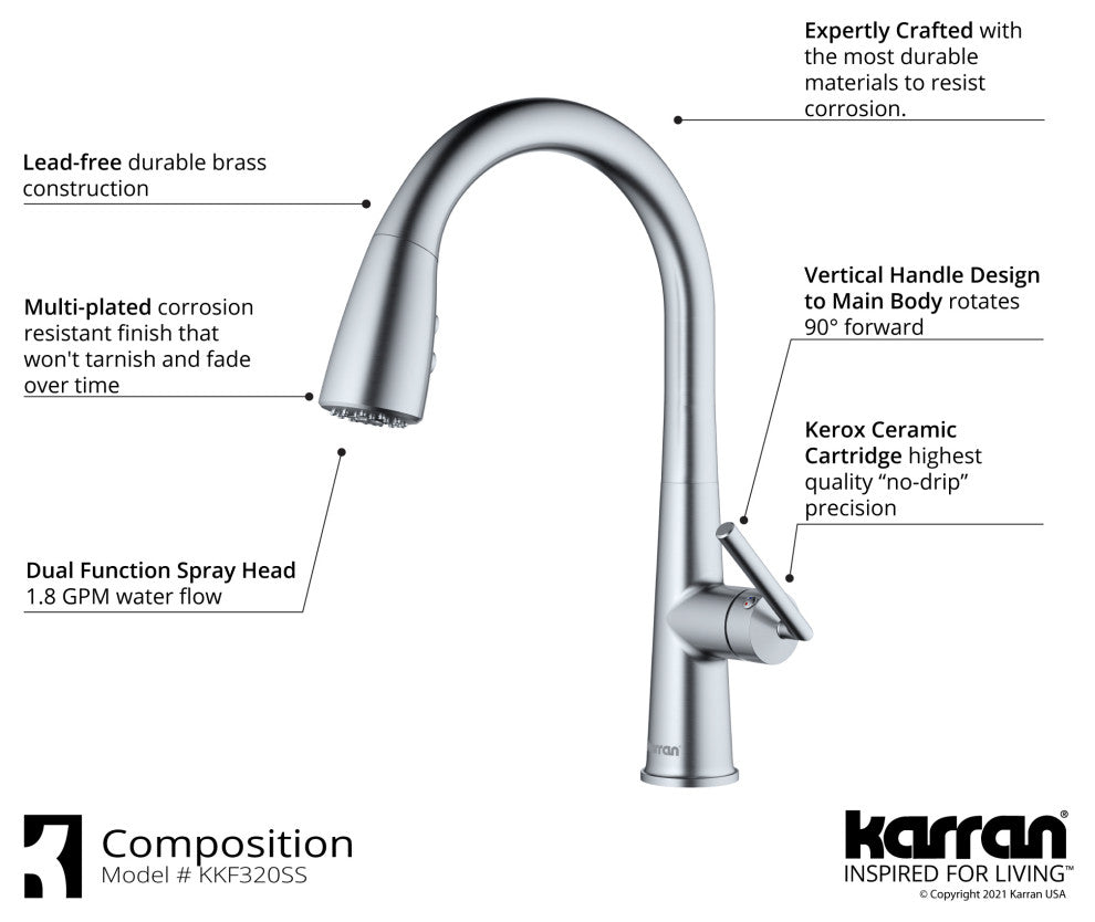 Karran KKF320 1-Handle Pull Down Dual Function Sprayer Faucet, Stainless Steel