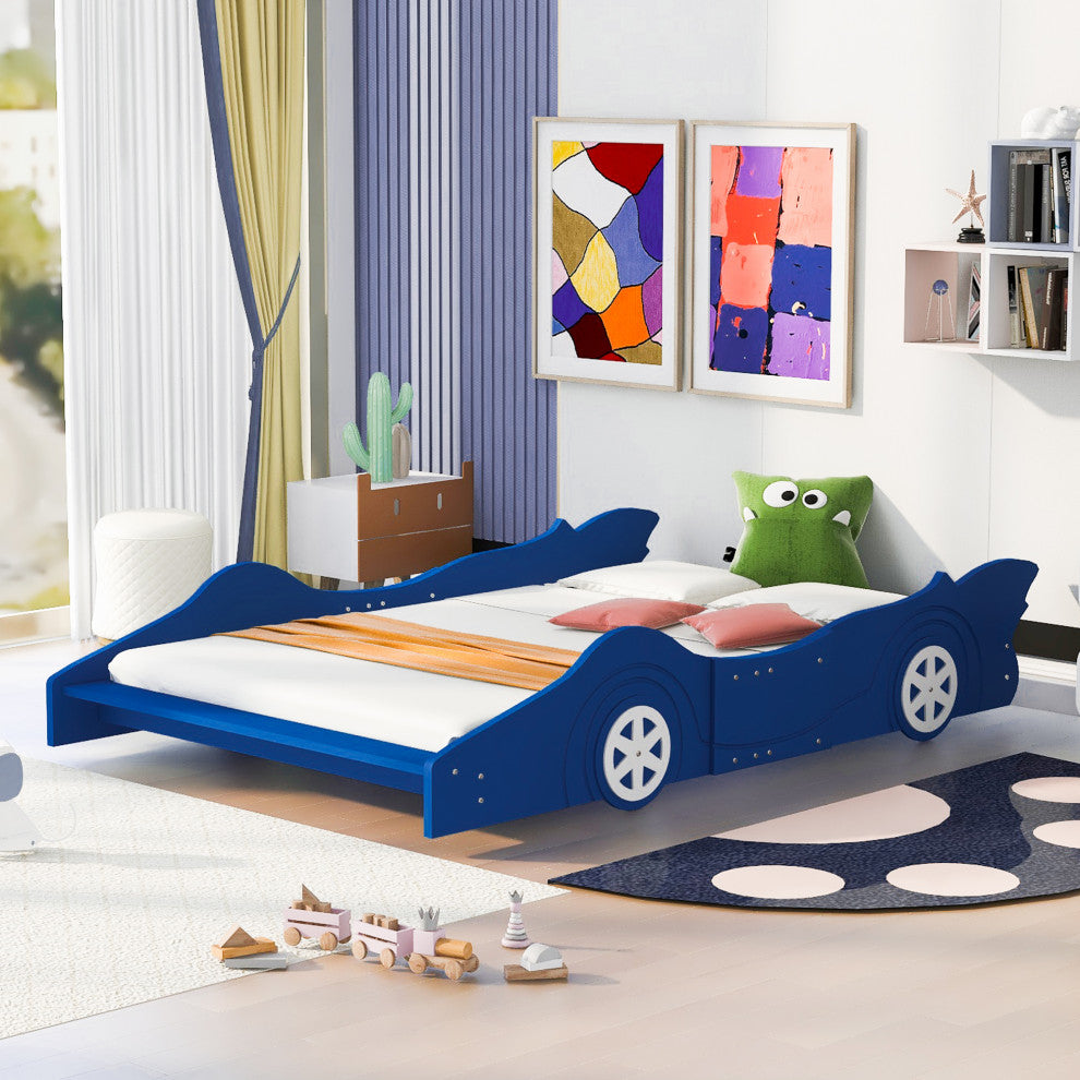 Gewnee Full Size Race Car-Shaped Platform Bed with Wheels,Blue