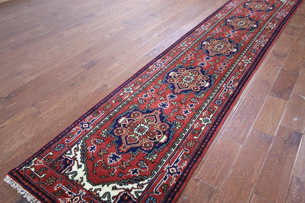 Oriental Red Heriz Serapi Hand-Knotted Wool Rug, 3'x12'