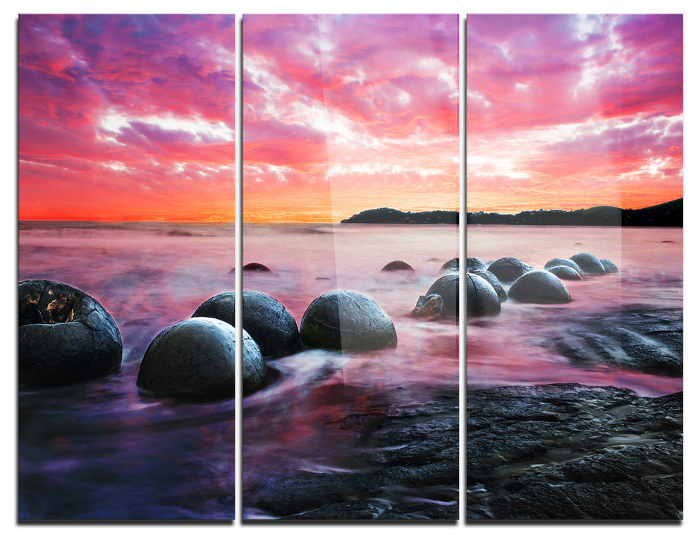 "Moeraki Boulders at Sunset" Photo Metal Wall Art, 3 Panels, 36"x28"