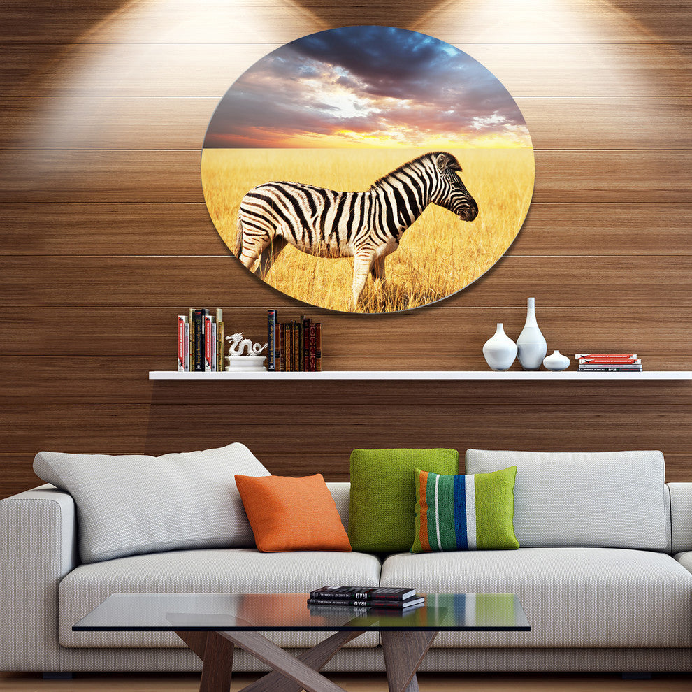 Solitary Zebra In African Grassland, African Round Metal Wall Art, 23"