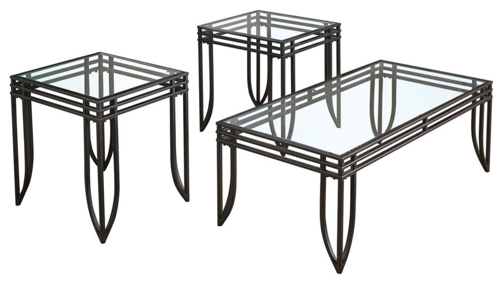 Glass Inserted Metal Table Set with Tubular Framing, Set of Three, Black & Clear