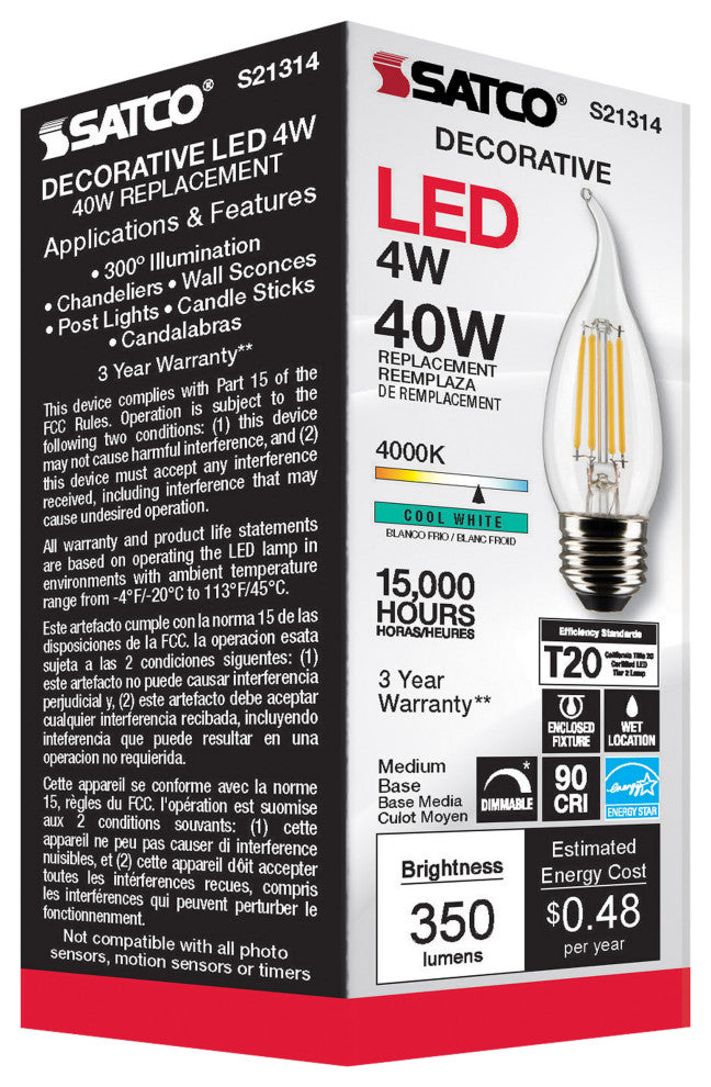 4W CA10 LED, Clear, Medium Base, 90 CRI, 4000K, 120V