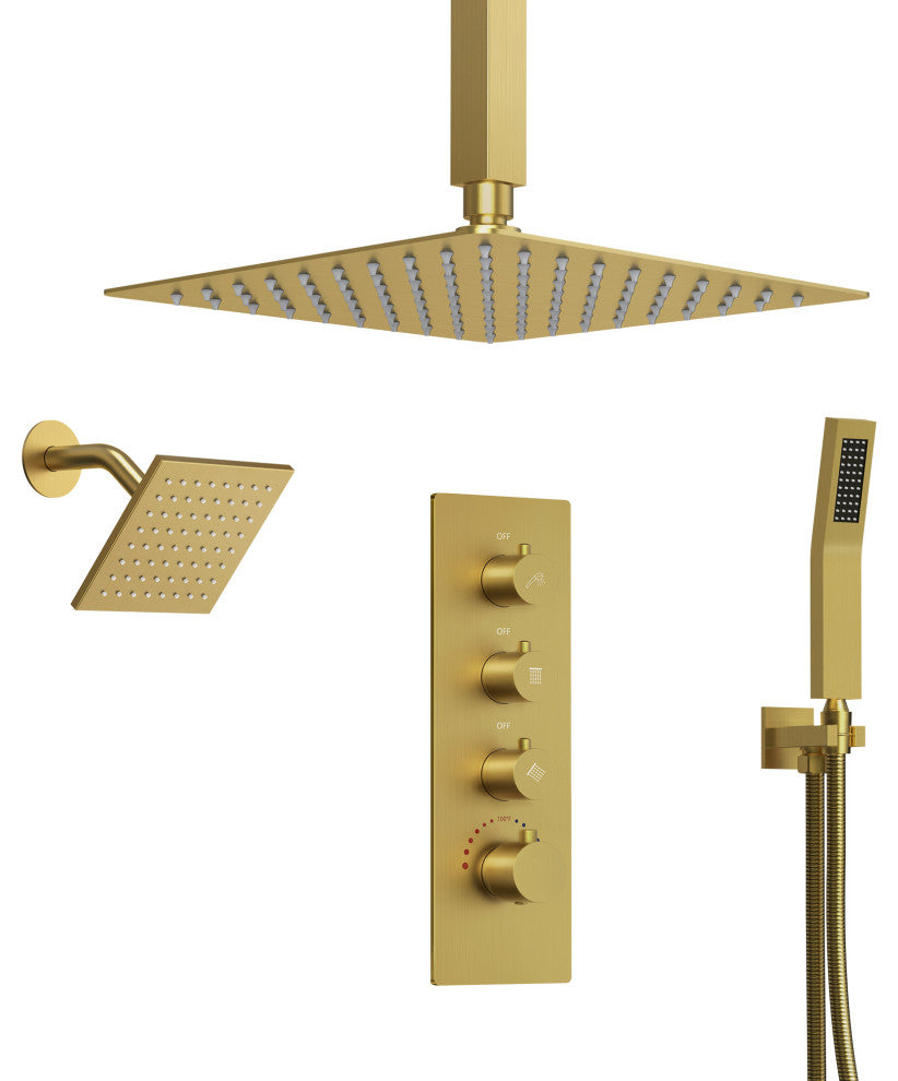 Dual Heads Shower System 16" Rain Shower Head with 4 Way Thermostatic Faucet, Brushed Gold