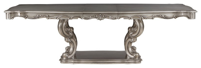 Ariadne Dining Table With Pedestal, Antique Platinum Finish
