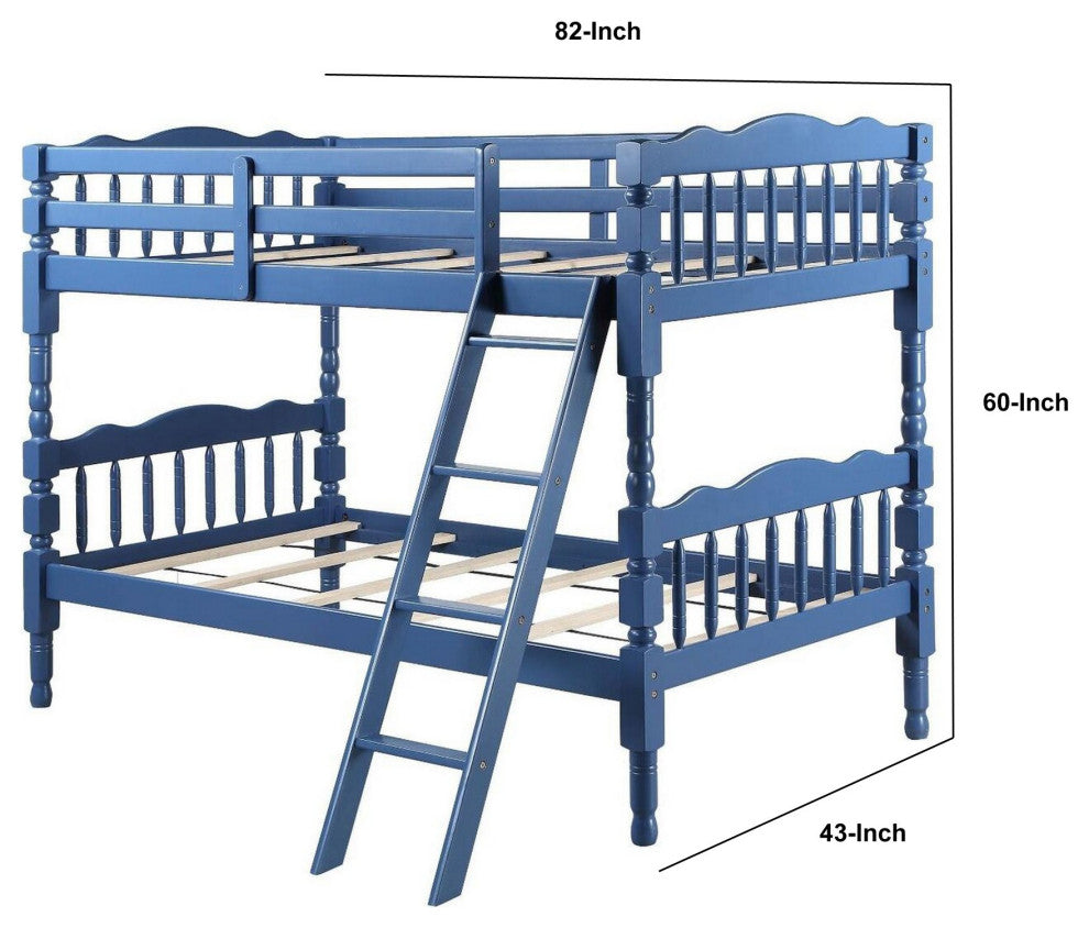 Benzara BM284021 Classic Twin Bunk Bed With Ladder Guard Rail, Carved Legs, Blue