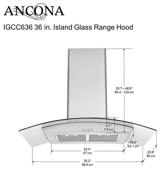 36" Island Glass Range Hood, Stainless Steel