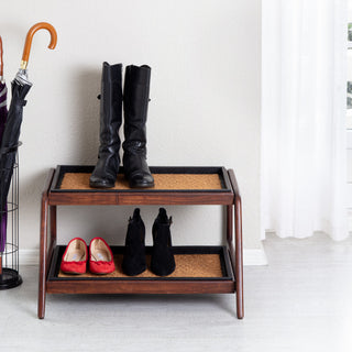 Double-Tier Brown Stand With 2-Pair Rubber Boot Trays Smoked Oak