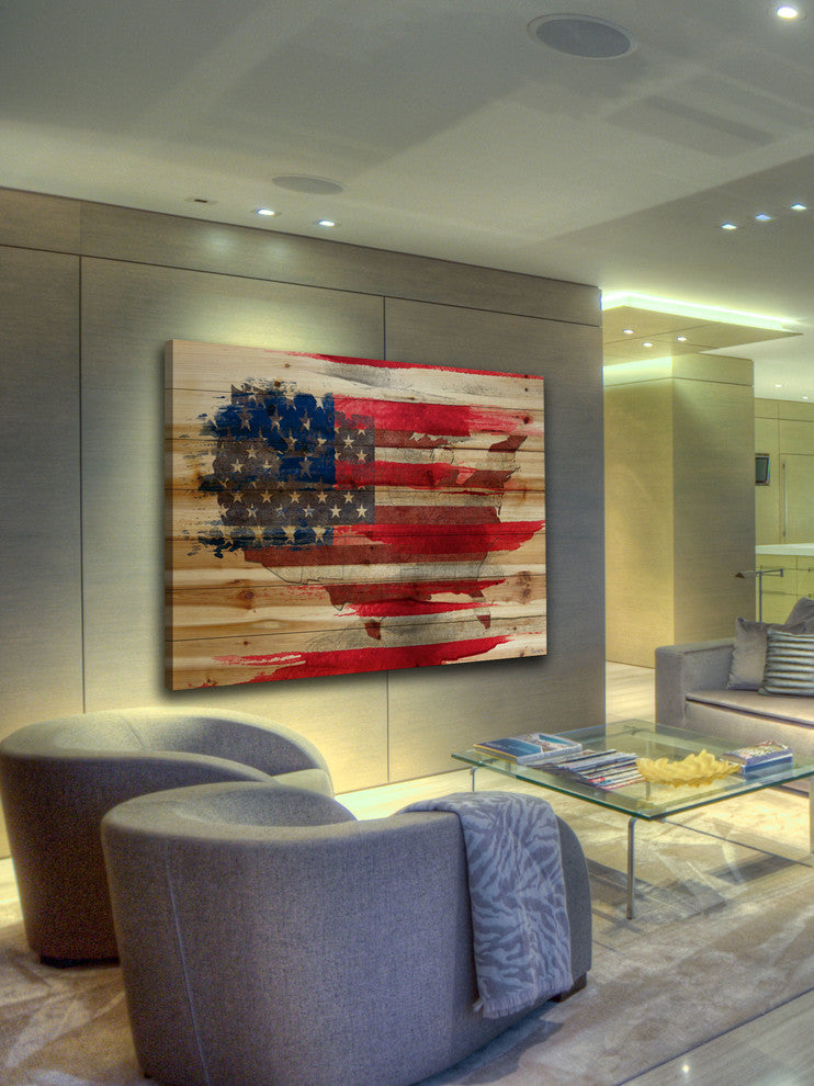 "American Map" Painting Print on Natural Pine Wood, 45"x30"
