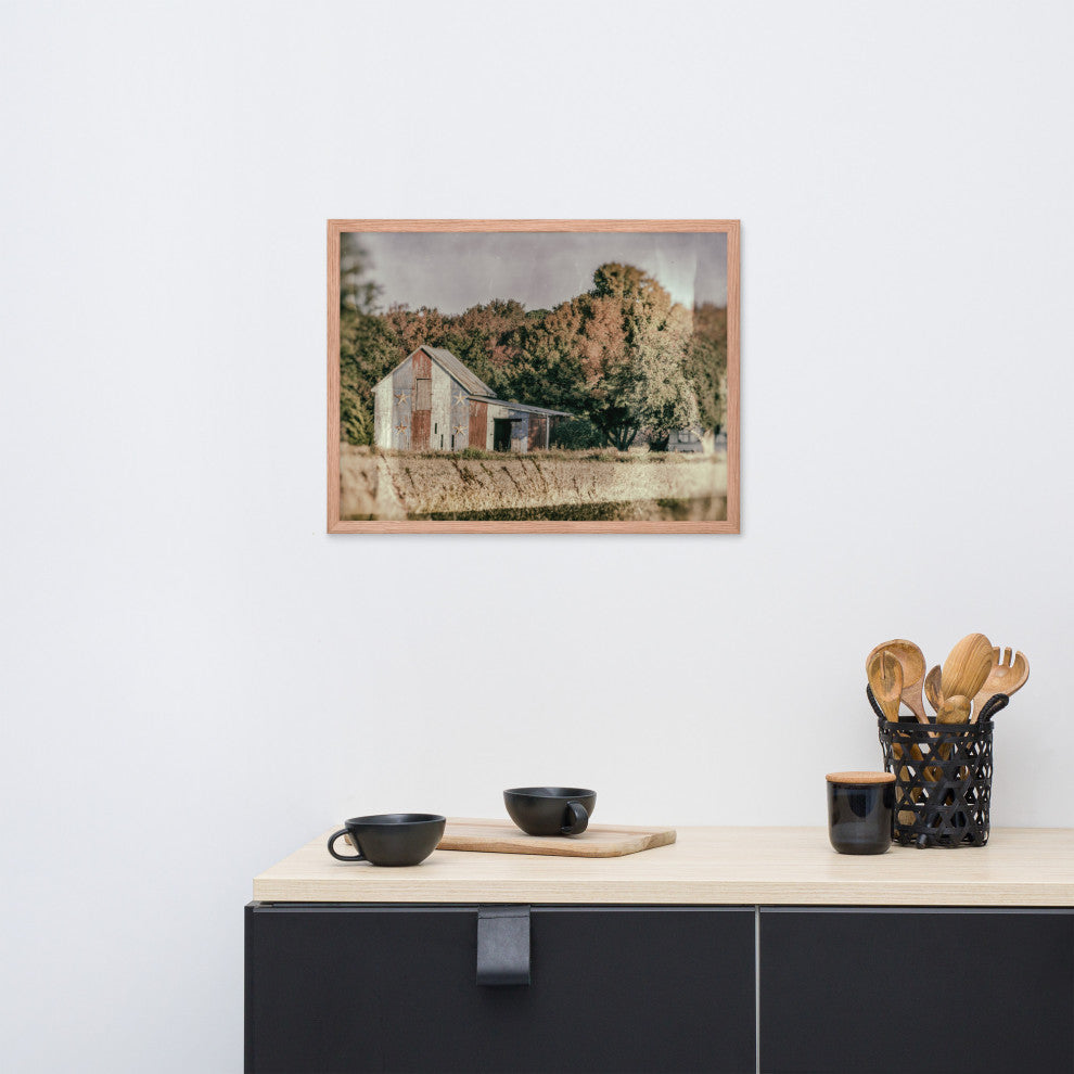 Patriotic Weathered Barn in Field Glass Plate Framed Photo Paper Wall Art Prints, Red Oak, 18" X 24"