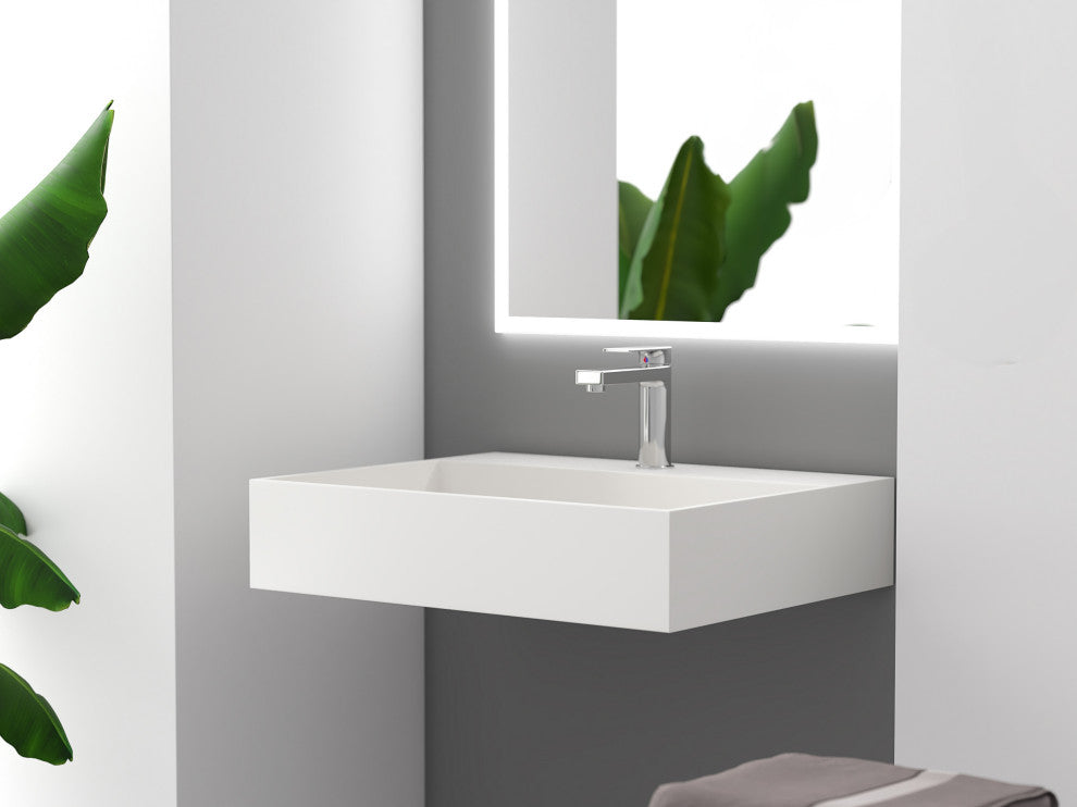 CastelloUSA Juniper Wall Mounted Countertop Concealed Drain Basin Sink, White, 24", Center Basin, Standard