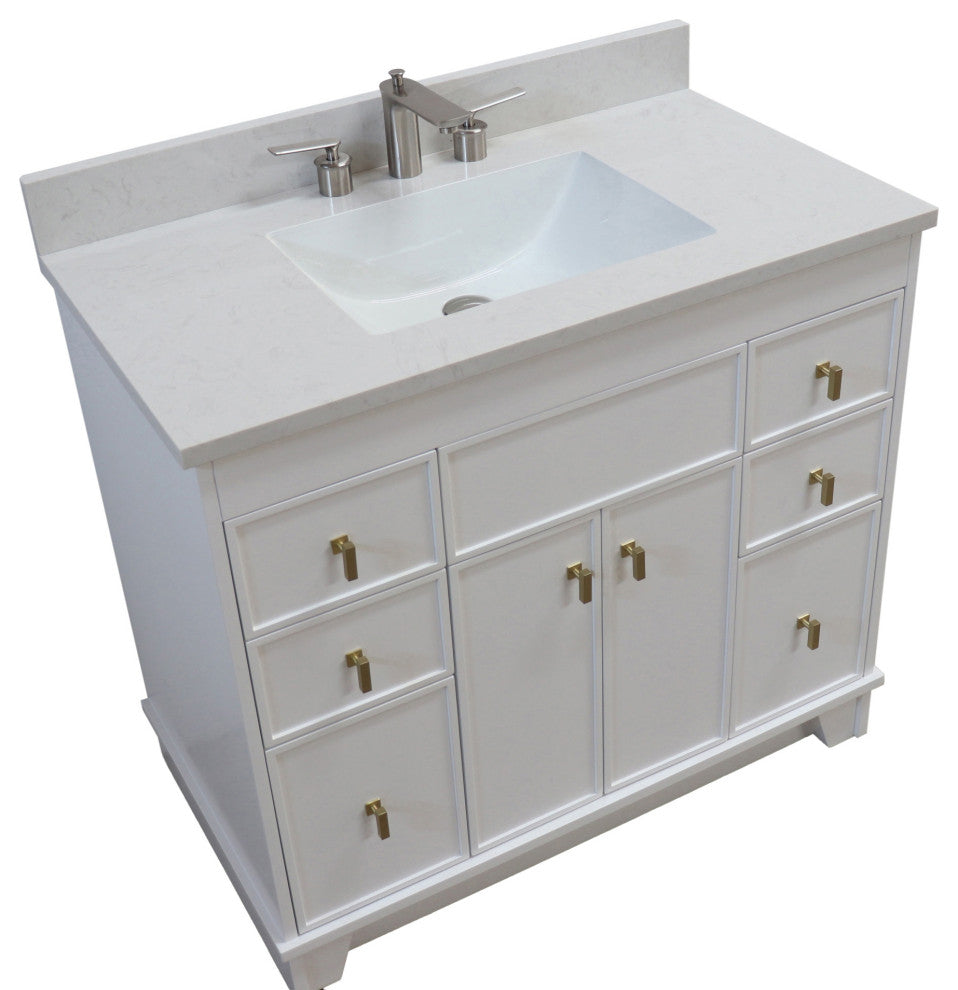 39" Single Sink Vanity, White Finish With Engineered Stone Top