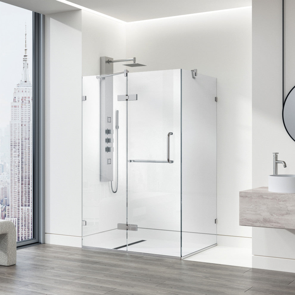 VIGO Monteray 30"D x 46"W x 73"H Frameless Hinged Shower Enclosure, Brushed Nickel, Without Base