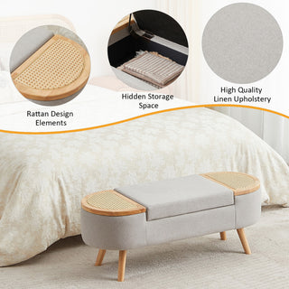 Wood Ottoman Storage Bench with Rattan,Linen Seat, Grey