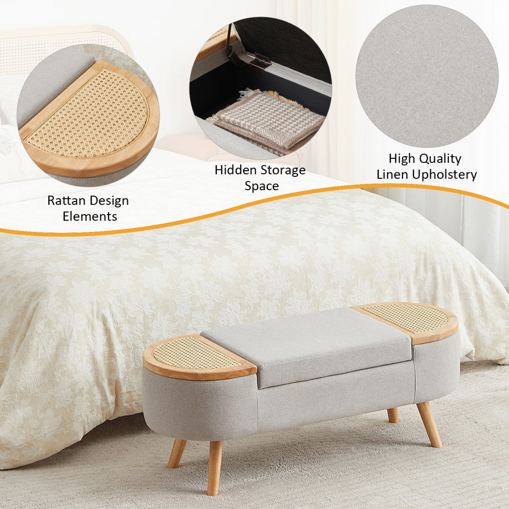 Wood Ottoman Storage Bench with Rattan,Linen Seat, Grey