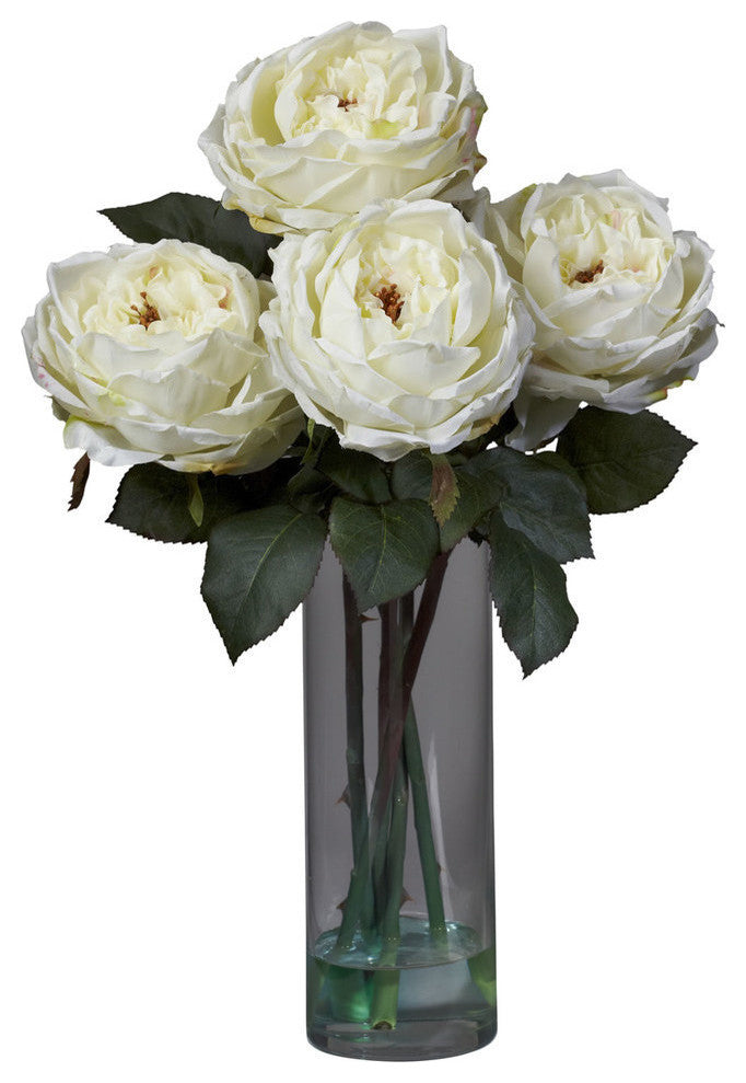 Fancy Rose With Cylinder Vase Silk Flower Arrangement, White