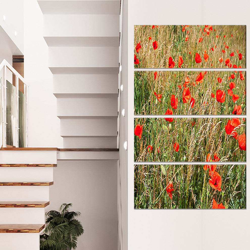 Red Poppy Field with Full of Flowers, Flower Canvas Print, 28"x48", 4 Panels