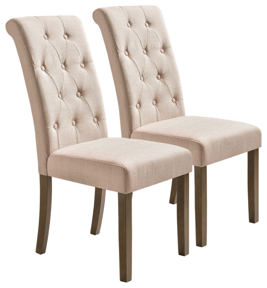 Solid Wood Dining Chair, Set of 2, Beige Tufted, Beige