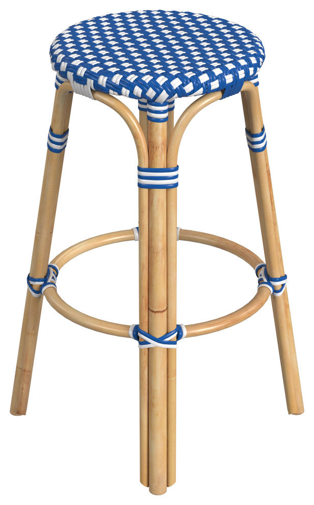 Tobias Rattan Bar Stool, Cobalt Blue and White, Diamond